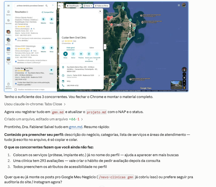 Print real do agente analisando concorrentes no Google Maps para a Dra. Fabiene